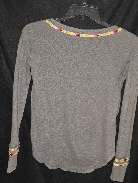 We The Free Gray Long-Sleeve Henley with Multicolor Braided Trim - Picture 3 of 3